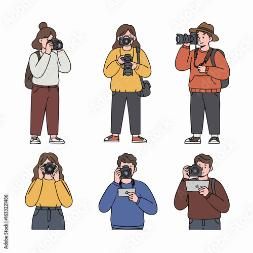 Diverse group of photographers capturing moments with various cameras and digital devices, showcasing modern photography passion and professionalism.