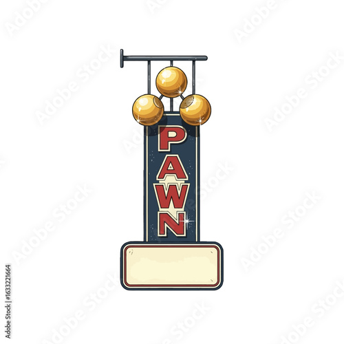 Vintage pawn shop sign with gold spheres, hanging, displaying the word "Pawn" in retro lettering.