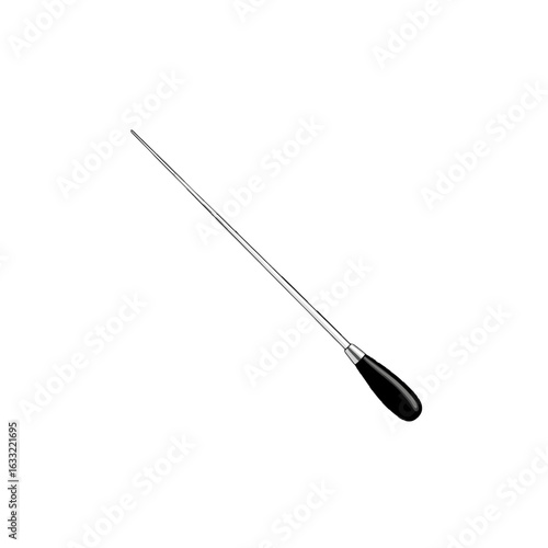 A black-handled conductor's baton, isolated against a white background.