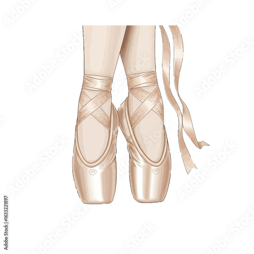 Elegant ballet pointe shoes, light beige color, featuring criss-cross ribbons,  depicted in a detailed illustration.
