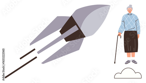 Dynamic rocket in motion next to senior woman with cane and cloud, representing growth, innovation, life phases, ambition, generational diversity, aging, and futuristic progress. Ideal for simple