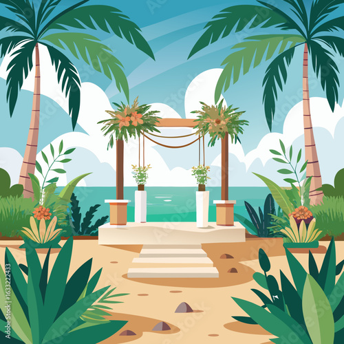 Tropical beach wedding ceremony altar with palm trees isolated on white background