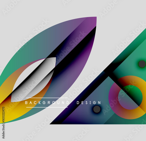 Abstract shapes overlap, creating vibrant gradients. Modern design features flowing forms, cool tones, plus dynamic composition.