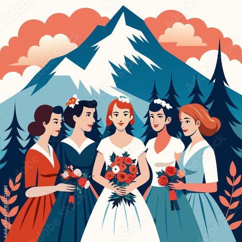 Bride and bridesmaids with mountain backdrop isolated on white background