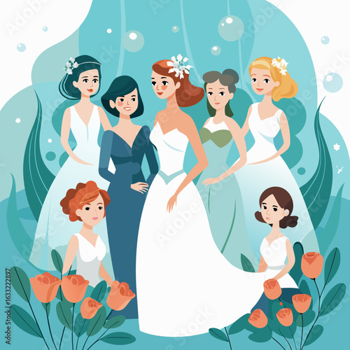 Bride and bridesmaids celebrating wedding day isolated on white background