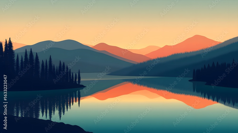 Fototapeta premium Tranquil mountain lake scene at sunrise.