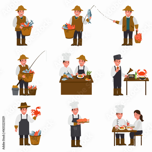 Cartoon collection illustrating the journey of seafood from fishing and harvesting to culinary preparation and finally, dining at a restaurant, featuring various characters.