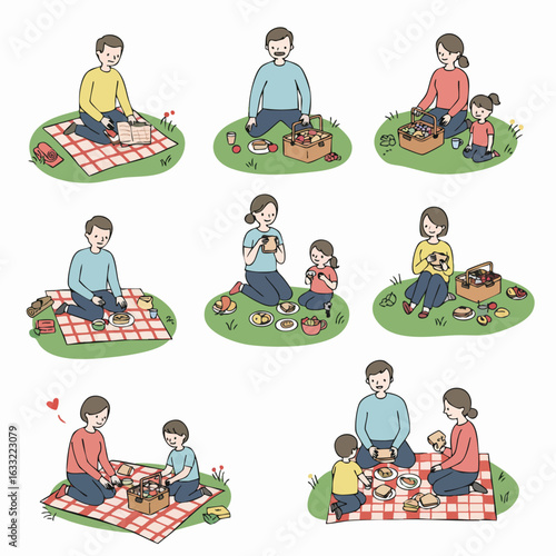 Various illustrated scenes depicting people enjoying relaxing picnics and al fresco dining outdoors on green grass.