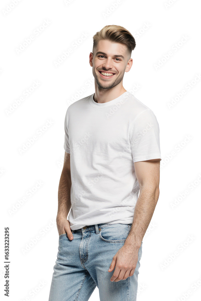 Fototapeta premium Young man wearing white t-shirt and blue jeans, isolated on transparent background