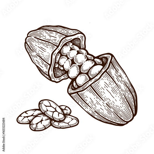 Hand Drawn Cacao. Cacao Engraving Line Art Vector Illustration
