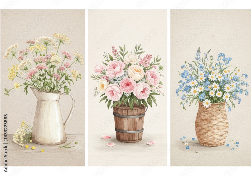 custom made wallpaper toronto digitalThree watercolor floral arrangements in vintage pitchers and baskets with delicate pastel colors