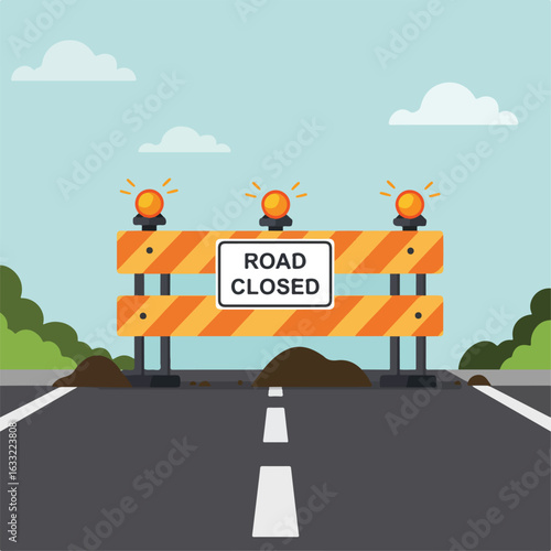 An illustration of a road closed barrier with orange lights and stripes, placed on a road under a blue sky with clouds and some bushes.