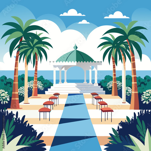 Tropical wedding venue with gazebo and palm trees isolated on white background