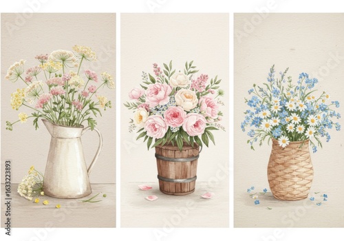 Wallpaper Mural Three watercolor floral arrangements in vintage pitchers and baskets with delicate pastel colors Torontodigital.ca