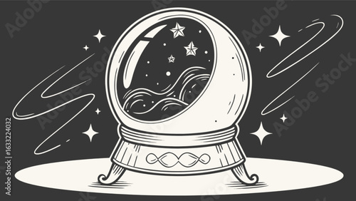A crystal ball illustration with stars and waves inside, a symbol of fortune telling, magic, and future prediction on a dark background