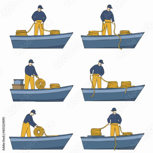 Man on a small boat manually coiling and managing fishing ropes, showcasing the detailed process of preparing maritime gear for ocean work.