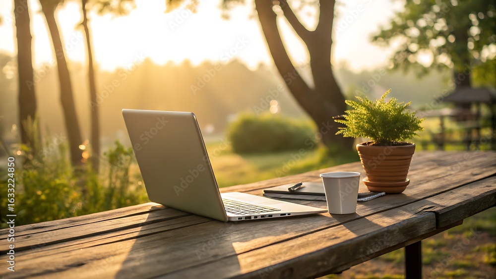 Fototapeta premium Laptop, coffee cup, and potted plant on a wooden table in a serene natural setting during golden hour, symbolizing remote work and peaceful productivity