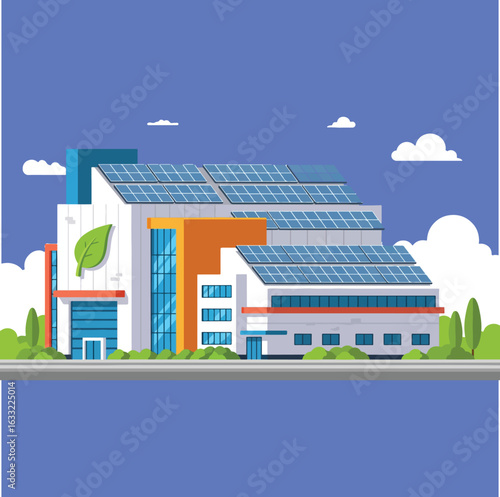 A modern, eco-friendly building showcases solar panels, lush greenery, and sustainable design, set against a calming blue sky with soft, white clouds.