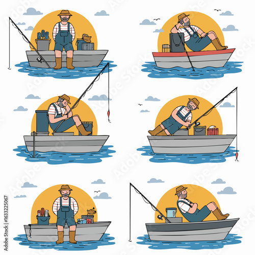 A collection of illustrations showing a man in a boat fishing, depicting various actions and moods from waiting patiently to napping under the sun.