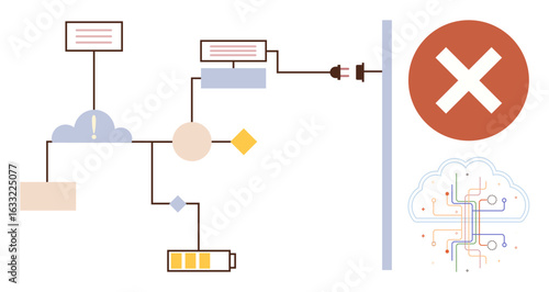 Flowchart elements with cloud, nodes, battery, error symbol, and disconnected plug. Ideal for data management, technology, process design, troubleshooting cloud computing workflow illustration
