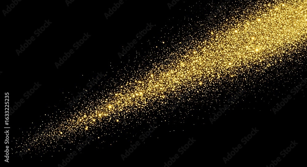 Abstract golden glitter particles exploding diagonally across a dark black background creating a festive and celebratory atmosphere Abstract golden glitter particles exploding diagonally across a dark black background creating a festive and celebratory atmosphere