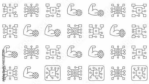A collection of stylized arm flexing icons and circuit board icons arranged in a grid pattern design silhouette