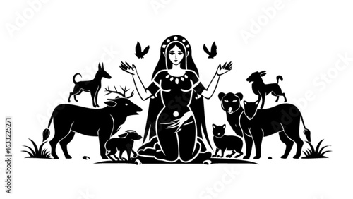 A captivating goddess surrounded by animals, a mystical and spiritual illustration in black and white, evoking ancient mythology and divine feminine energy