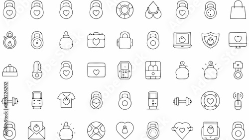 Collection of various outline icons including locks, hearts, perfume bottles, and fitness equipment arranged neatly silhouette