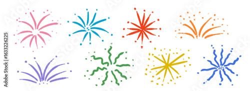 Colorful hand drawn firework set. Crayon doodled firecracker element collection. Pastel pencil sketch of sparkle burst, explosion, star lights. Vector cute drawn sticker for birthday party, decoration
