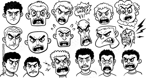 Collection of diverse cartoon men's angry faces illustrating intense emotions, rage, frustration, and aggressive expressions hand-drawn black and white vector set.