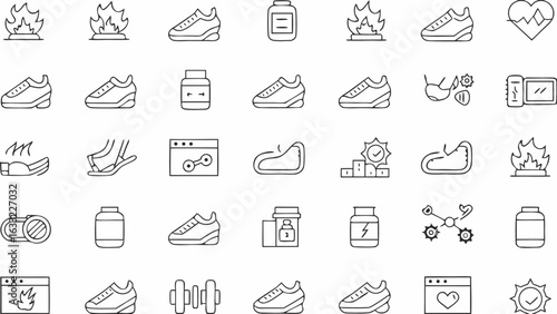 Line art illustration showcasing fitness elements like shoes, supplements, and exercise equipment icons silhouette
