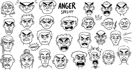 A collection of diverse cartoon faces, both male and female, showcasing various intense expressions of anger, rage, frustration, and fury in a hand-drawn, black and white line art style.