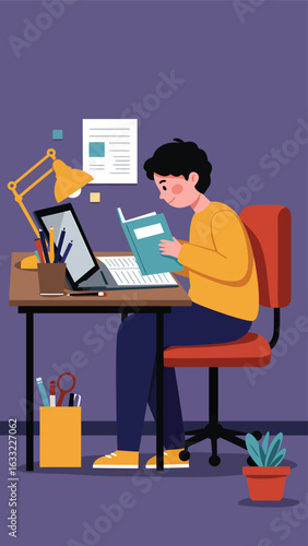 Young man studying at his desk with a book and laptop computer. Flat vector illustration of e-learning, online education, and self-study