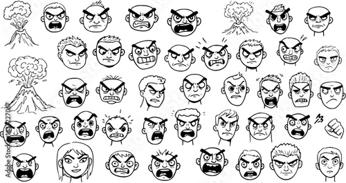 Collection of hand-drawn cartoon faces expressing various degrees of anger, rage, and frustration, alongside illustrations of erupting volcanoes symbolizing explosive emotions.
