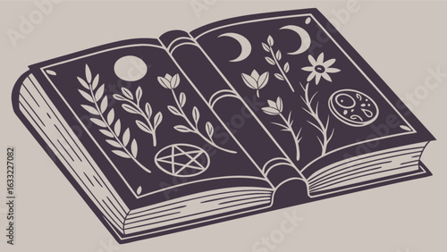 Vintage spell book with moon, stars, flowers and pentagram, representing witchcraft, magic, occult and esoteric knowledge isolated on white background