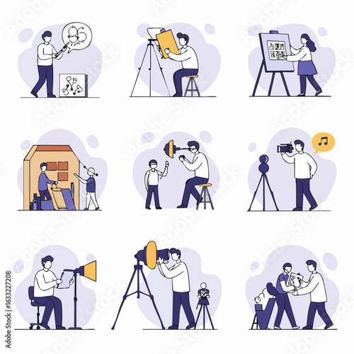 Illustrations of diverse creative professionals in media, art, and technology, featuring artists, photographers, filmmakers, and sound engineers.