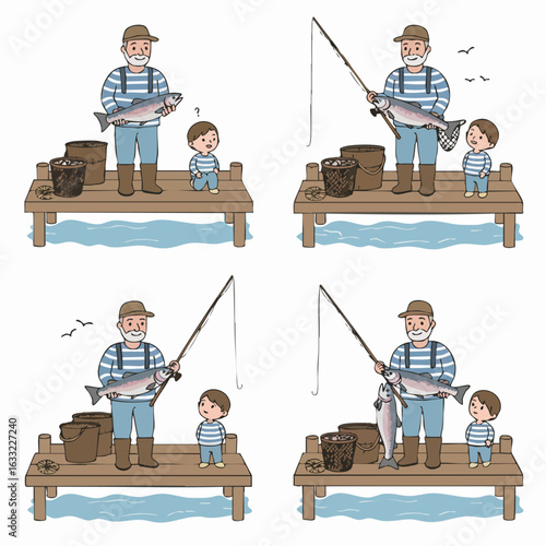 Grandfather and Grandson Fishing Trip: A charming illustration of intergenerational bonding and learning on a wooden pier.