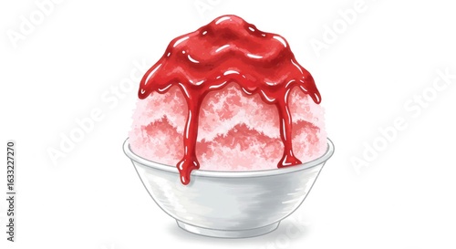 Delectable Strawberry Kakigori:  Watercolor Illustration of a Refreshing Japanese Shaved Ice Dessert