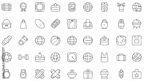 Collection of assorted outline icons featuring travel items sports equipment and various other objects design 1 silhouette