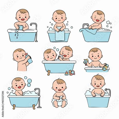 Adorable baby bath time scenes collection featuring cheerful infants playing with water and bubbles.