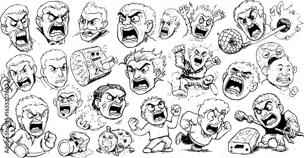 Naklejka premium Dynamic black and white line art collection featuring various cartoon men and boys expressing intense anger, shouting, and rage through detailed facial expressions and energetic actions.