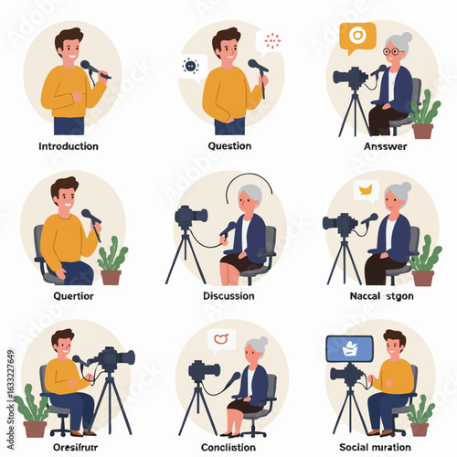 Illustrated scenes of people engaging in interviews and public speaking, representing various aspects of media content creation and communication.