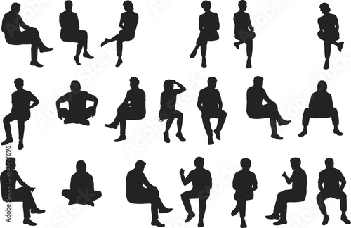Silhouette collection of people sitting on invisible surfaces, relaxing and posing in various casual seated positions for design and illustration
