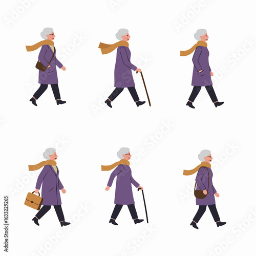 Happy senior woman walking with and without accessories, showcasing various movement poses and an active lifestyle, flat illustration set.