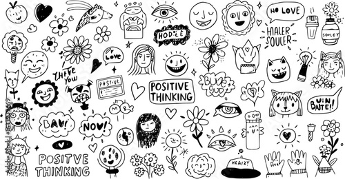 Black and White Doodle Art Collection for Positive Thinking and Mental Wellness with Whimsical Characters and Motivational Elements