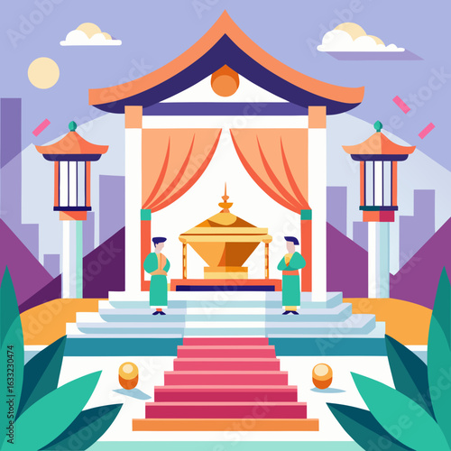 Traditional asian ceremony with golden artifact isolated on white background