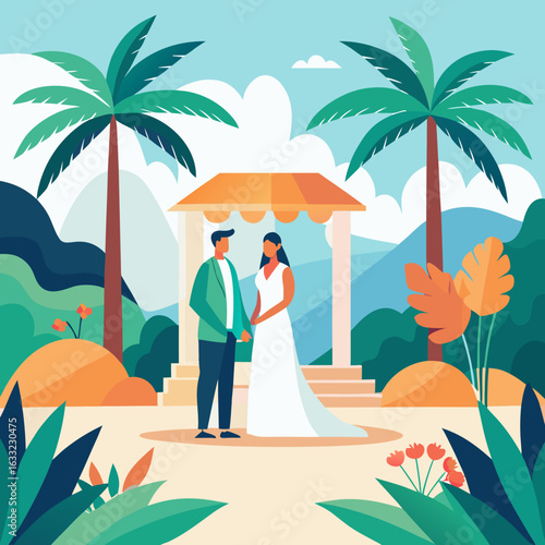 Couple getting married on a tropical beach under palm trees isolated on white background