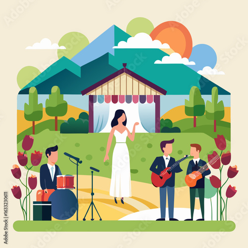 Outdoor concert performance with band and singer isolated on white background
