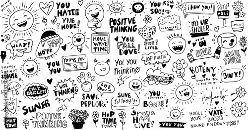 Whimsical  Playful Doodle Art: A Collection of Happy Faces, Positive Thinking Themes, and Humorous Phonetic Misspellings in Hand-Drawn Illustrations