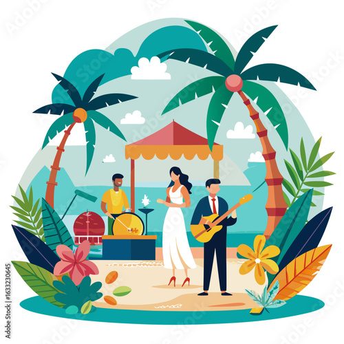 Tropical beach band performing music with palm trees and ocean isolated on white background